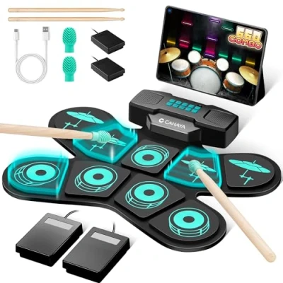 Abbildung von CAHAYA Elektronisches Schlagzeug für Kinder Mit Handhaben: Aufrollbar E Drum Set 9 Pads 2 Pedal Eingebauter Stereo Lautsprecher Unterstützt Kopfhörerausgang 10 Stunden Akkulaufzeit CY00387 1