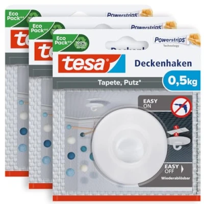 Abbildung von tesa Klebehaken POWERSTRIPS Deckenhaken mit max. 500g Haltekraft Dekohaken, Dekoration, Mobilé, (Spar Set, 3 St., inkl. Powerstrips), Klebenagel Doppelseitig Tapete &amp; Putz 3er Pack