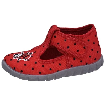 Abbildung von Fischer Markenschuh Flexi Hausschuh aus Baumwolle, mit Marienkäfer bestickt, Frotteefutter