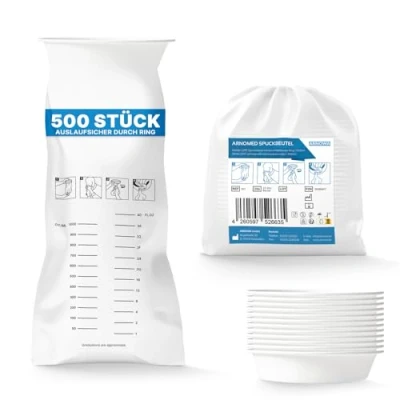 Abbildung von 500x ARNOMED Spuckbeutel, LDPE Kotztüten flüssigkeitsdicht, Spuckbeutel mit Ring auslaufsicher, Spucktüten 2000ml, Kotzbeutel für Reise &amp; Schwangerschaftsübelkeit, Brechbeutel Kinder Erwachsene