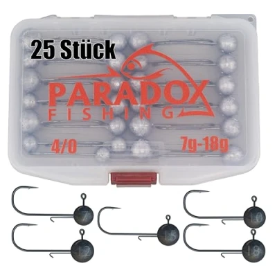 Abbildung von Paradox Fishing Jigköpfe Set 4/0 25x I je 5X 7g/10g/12g/15g/18g Jig Köpfe Gummifisch mit Jighead für Gummifische Zander Angelzubehör