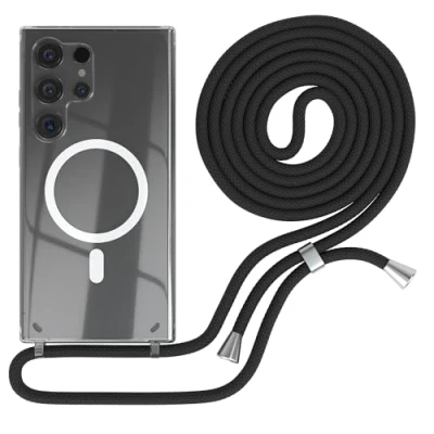 Abbildung von EAZY CASE Handykette kompatibel mit Samsung Galaxy S24 Ultra Kette zum Umhängen Stoßfest Handyhülle für Silikon Hülle Band Handytasche Transparent als Fallschutz in Schwarz