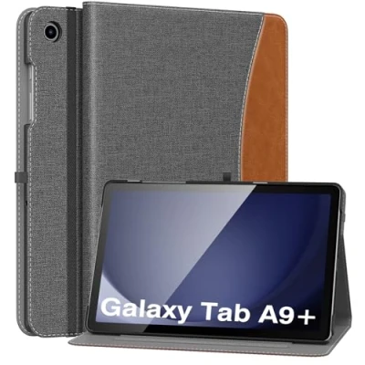 Abbildung von MoKo Hülle für Samsung Galaxy Tab A9 Plus 11 Zoll 2023 (SM X210/SM X216/SM X218), PU Leder Mehrere Winkel mit Handschlaufe, Fronttasche Auto Schlaf/Aufwach Funktion, Demin Grau/Braun