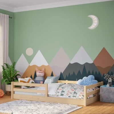 Abbildung von Bellabino Iskri Bodenbett 120x200 cm Montessori Kinderbett mit Rausfallschutz &amp; Lattenrost Holzbett für Jungen Mädchen aus Kiefer Massivholz in Natur