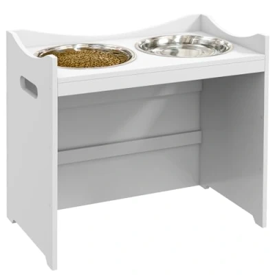 Abbildung von PawHut Futternapf Höhenverstellbar, Erhöhtes Futterstation mit 2L Futterschale, Edelstahl, L54 x B31.5 H47 cm, Weiß