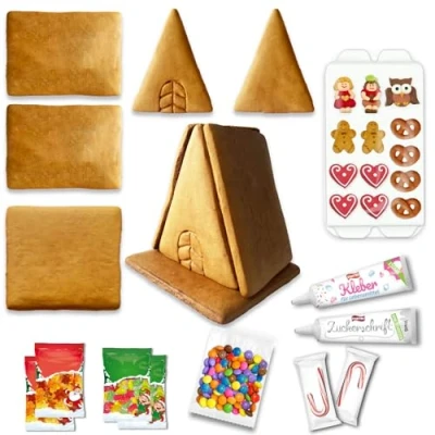 Abbildung von LEBKUCHENWELT Lebkuchenhaus Bastelset ca. 15x14x15cm inkl. Zuckerfiguren Zuckerguss &amp; Lebensmittelkleber XXL Deko Zubehör Set mit Bastel Anleitung 471g Hexenhaus Bausatz für Weihnachten