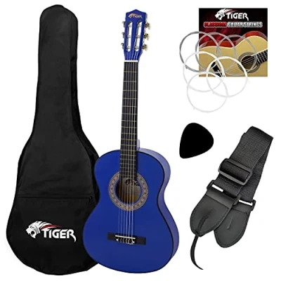 Abbildung von TIGER CLG4 Linkshändergitarre, 3/4 Größe, Klassische Kindergitarre als Packung Spanische Gitarre, mit Tasche, Ersatzsaiten, Gurt und Pick, Ideal für das Alter von 9 11 Jahren Blau