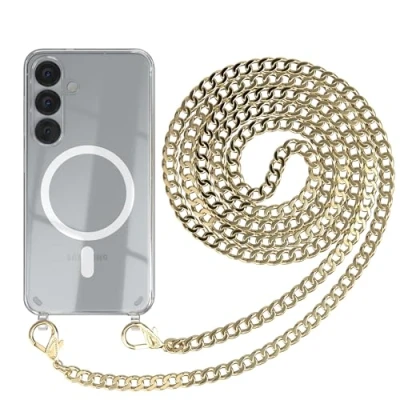 Abbildung von EAZY CASE Handykette kompatibel mit Galaxy S25 Kette zum Umhängen Stoßfest Handyhülle für Silikon Hülle Band aus Metall Transparent als Fallschutz in Gold