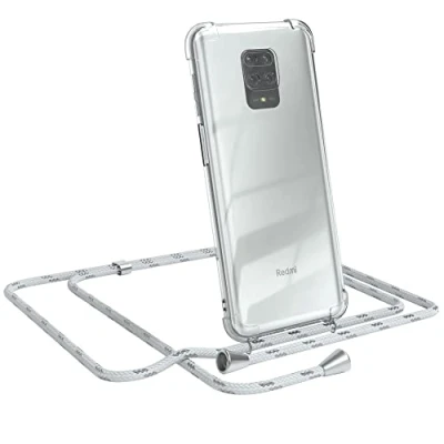 Abbildung von EAZY CASE Handykette kompatibel mit Xiaomi Redmi Note 9S / 9 Pro Max Handyhülle Umhängeband, Handykordel Schutzhülle, Silikonhülle, Hülle Band, Stylische Kette, Weiß/Silber