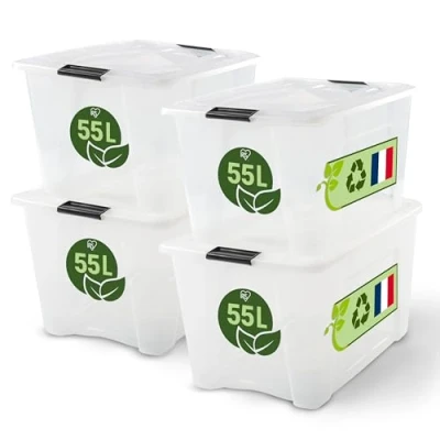 Abbildung von Iris Ohyama Aufbewahrungsboxen mit Deckel, 55L, 4er Set, Transparent, Sicherer Verschluss, Stapelbar, Griffe, Schlafzimmer, Schrank, Büro, Organisation, BPA freies Plastik, Ordnungsboxen, BSB 55