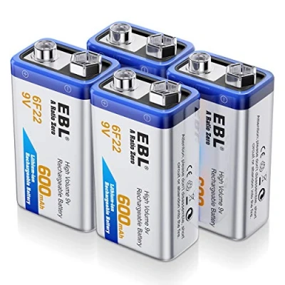 Abbildung von EBL 9v Akku 600mAh Typ Li ionen 6F22 wiederaufladbare Lithium Batterie, geringe Selbstentladung für Rauchmelder 4 Stück