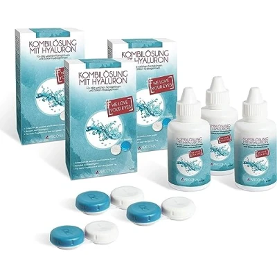 Abbildung von aricona Kontaktlinsen Fluessigkeit 3 x 60ml Kontaktlinsenflüssigkeit mit Hyaluron All In One Pflegemittel inklusive Behälter