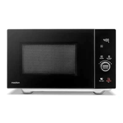 Abbildung von MEDION Mikrowelle mit Grill und Heißluft (25 Liter, 900 Watt, 1100 Watt Obergrill &amp; 500 Untergrill, 2100 Heißluftfunktion, 11 Programme, 10 Leistungsstufen, Edelstahl, MD12041) schwarz