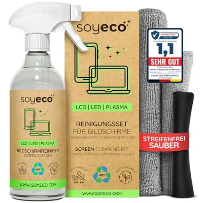 Abbildung von 500ml Bildschirmreinigungsspray + 3X Mikrofasertuch: 40x40cm, 30x30cm, Reinigungsflüssigkeit Für Smartphone, Laptop, Tablet, TV, LCD/TFT, LED, OLED, Monitore, Uhren Kein Verschmieren