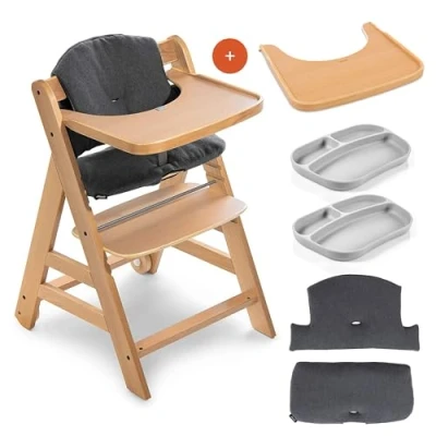 Abbildung von hauck Hochstuhl Set Alpha Plus Move inkl. Essbrett, Sitzkissen und 2x Babyteller Silikon mitwachsender Holz Babystuhl/Kinderhochstuhl mit Rollen, Gurt Tisch Natur Dunkelgrau