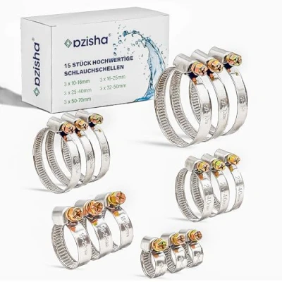 Abbildung von AZISHA Schlauchschellen Set 25x mit 5x Größen aus Rostfreiem Edelstahl Schlauchschelle 9mm für Pool Waschmaschine Auto Kfz (1070mm 5 MultiSet 15 Stück)