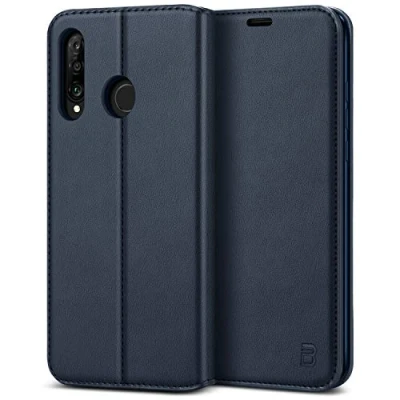 Abbildung von BEZ Handyhülle für Huawei P30 Lite Hülle, Premium Tasche Kompatibel Lite, Schutzhüllen aus Klappetui mit Kreditkartenhaltern, Ständer, Magnetverschluss, Blaue Marine
