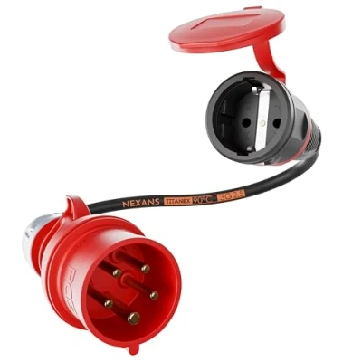 Abbildung von NWP Adapter 16A 400V Stecker Starkstrom auf 230V Schuko Kupplung IP44 3x2,5mm² Gummischlauchleitung
