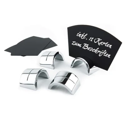 Abbildung von APS 22 Kartenhalter Set, Tischkarten, Beschriftungskarten, 6 (Metall verchromt) 4 x 2,5 cm, 12 Karten (Polypropylen, schwarz) 10 cm