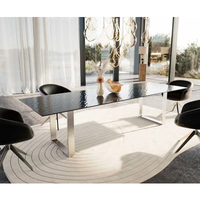 Abbildung von Esstisch Edge 300x100 Reliefglas Rauchschwarz 3D Design Edelstahl Schmal
