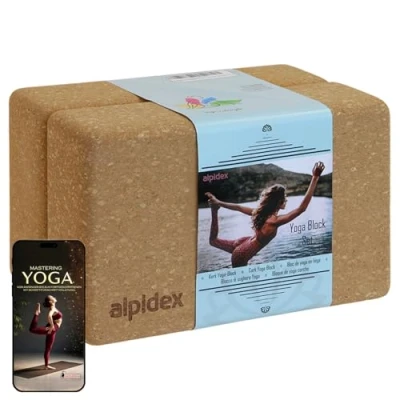 Abbildung von ALPIDEX Yogablock 2er oder 4er Set inkl. E Book mit 100 Übungen Ökologisch Nachhaltig Naturkork aus Portugal Korkblock Yoga Pilates 7 Jahre Garantie auf Material*, Größe:2 Stück 23 x 14 7.5 cm