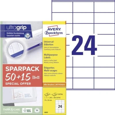 Abbildung von AVERY Zweckform 6602 Adressaufkleber (1.200 plus 360 Klebeetiketten extra, 70x36mm auf A4, Papier matt, bedruckbare Absenderetiketten, selbstklebende Adressetiketten mit ultragrip) 65 Blatt, weiß