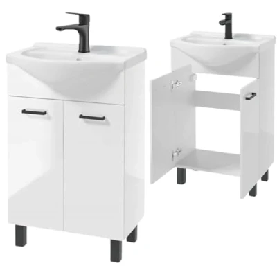 Abbildung von Deftrans Domodomo Badezimmerschrank mit Waschbecken, 85 x 55 42 cm weißer Waschbeckenschrank, Keramik Waschbecken Set, Standschrank für kleines Bad