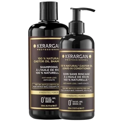 Abbildung von Kerargan Duo Anti Haarausfall Shampoo und Leave In Pflege mit Rizinusöl für trockenes lebloses Haar Stärkt fördert das Wachstum Ohne Sulfate, Parabene Silikone 500ml + 350ml