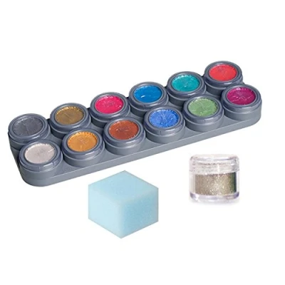 Abbildung von Grimas Pearl Water Make up Theaterschminke Kinderschminke 12 Farben Palette Schwamm Glitzer Set