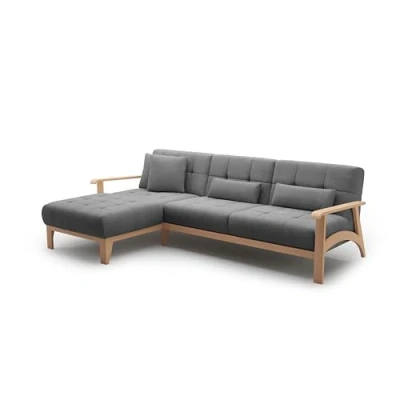 Abbildung von Cavadore Ecksofa Billan / Schlafsofa im skandinavischen Design mit Longchair, Bett und massivem Holzgestell in Buche 264 x 88 183 Flachgewebe, Grau