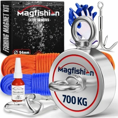 Abbildung von MAGFISHION Magnetfischen Set 350 KG Ø94mm Neodym Magnet mit 2 Seilen, Greifhaken &amp; Handschuhe Fischen Angel Ösenmagnet Fishing Magnetangel Magnetangeln