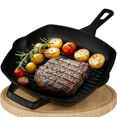Abbildung von KAISERTAL Grillpfanne Gusseisen 27cm Bratfläche Induktionsgeeignet, Gusseisen, Induktion Gusseisenpfanne inkl. Rezeptbuch