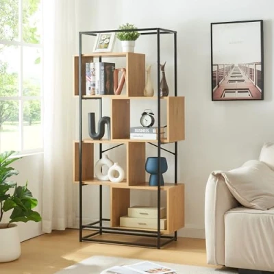 Abbildung von [en.casa] Bücherregal Rennebu Standregal 160 x 80 33 cm Raumteiler Mehrzweckregal mit 4 Fächern Regal Metallgestell Schwarz/Eiche