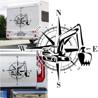 Abbildung von Rakelfix Kompass Bagger BAU Erdarbeiten Tiefbau Aufkleber Größe&amp;Farbe wählbar Hund Hunde Wohnmobil Caravan Autoaufkleber Sticker Kompassrose Windrose Camper