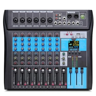 Abbildung von BOMGE Professional Mixer Sound Board Console 8 Channel Desk System w/USB Audio Interface USB B Recording, BT Function, 99 DSP Effects, 48V Phantom Power Stereo DJ Studio FX Steel (8Channel 99DSP)