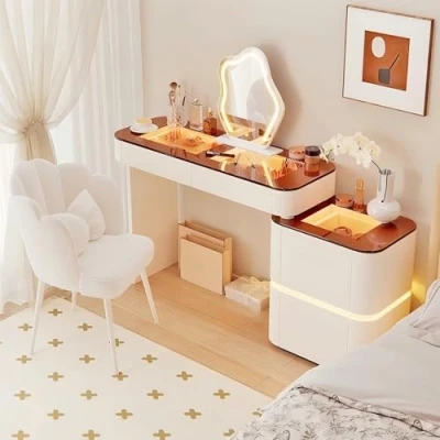 Abbildung von AnYaBinni Schminktisch mit LED Beleuchtung, 3 Einstellbare Helligkeiten, Spiegel, Kosmetiktisch 4 Schubladen aus Massivholz und Samtstuhl, Frisiertisch Set, 80/100 * 40 75 cm