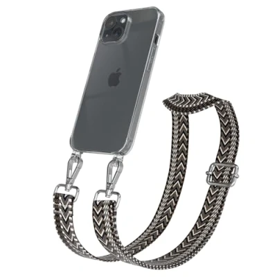 Abbildung von EAZY CASE Handykette mit verstellbarem Trageriemen für iPhone 15 Taschengurt zum Wechseln transparenter Handyhülle Hülle dünner Schulterriemen in Grau Schwarz Silber