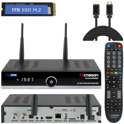 Abbildung von OCTAGON SF8008 UHD 4K Supreme Twin Sat Receiver + 1TB Festplatte INTERN NONIC HDMI Kabel, 2X DVB S2X Tuner, E2 Linux &amp; Define OS, mit PVR Aufnahmefunktion, M.2 M Key, Gigabit LAN, WiFi WLAN