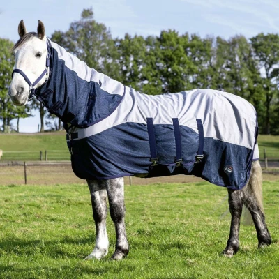 Abbildung von HKM Fliegendecke Rain Halsteil Bauchlatz Blau/grau 135/185
