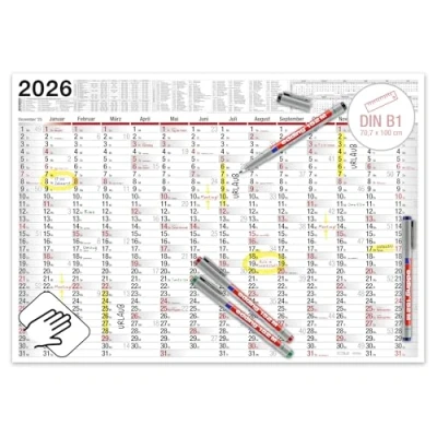 Abbildung von TOBJA Wandkalender XXL 2025 abwischbar inkl. 4 Stifte, XL Bürokalender Jahresplaner gerollt