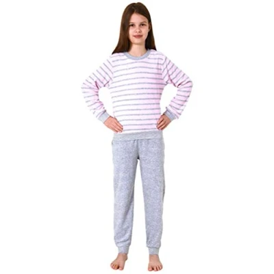 Abbildung von Mädchen Frottee Pyjama Langarm mit Bündchen Schlafanzug Herz Motiv 65498, Farbe:rosa, Größe:146 152
