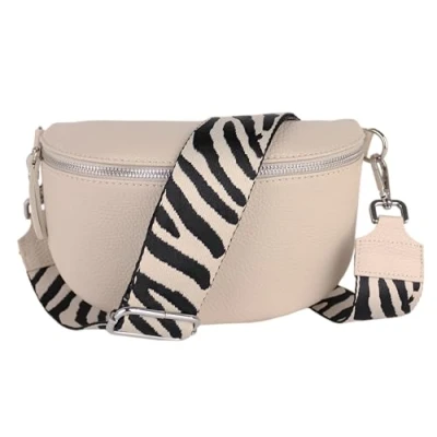Abbildung von MIRROSI® Bauchtasche Damen, Echtleder, Made in Italy, Umhängetasche, Brusttasche, Crossbody Bag (1 Tasche &amp; 2 Gurte) (Beige (Zebra Beige Schwarz), Mittelgroße (25x16x7cm))