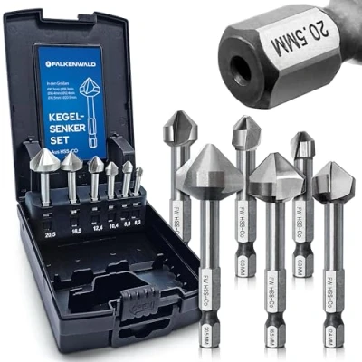 Abbildung von Falkenwald Kegelsenker Set aus HSS CO Stahl [6 teilig inkl. Aufbewahrungsbox] Senkbohrer Holz Ø 6,3 20,5 mm Senker Metall