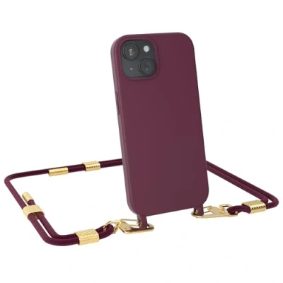 Abbildung von EAZY CASE Handykette mit Karabiner kompatibel iPhone 15 Hülle Silikon Fallschutz Handyhülle für Kette zum Umhängen stoßfeste Schutzhülle Mikrofaser in Beere Clips Gold