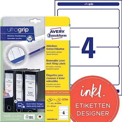 Abbildung von AVERY Zweckform L6061REV 20 Ordnerrücken Etiketten (120 Rückenschilder mit ultragrip, 59x192mm auf A4, wiederablösbar, breit/kurz, selbstklebend, blickdicht, bedruckbare Aufkleber) 30 Blatt, weiß
