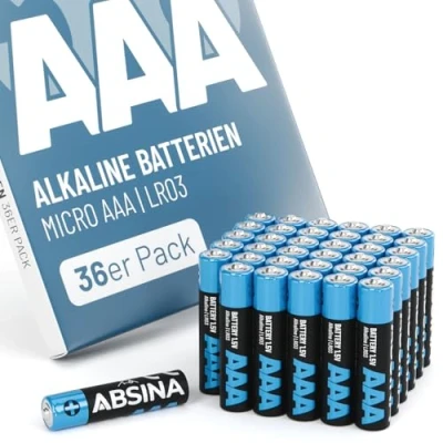 Abbildung von ABSINA 36x Batterien AAA Großpackung 1,5V Alkaline Langlebige Micro LR03 für Fernbedieung, Spielzeug, Wecker UVM LR3 Batterie AAA, A3 Batterien, Batteries,