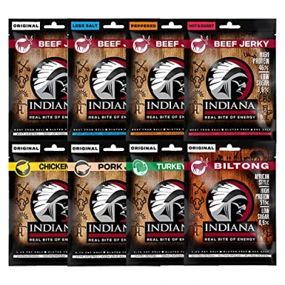 Abbildung von Indiana Jerky MIX, High Protein Trockenfleisch, ohne Zuckerzusatz, Gluten frei (8 x 25g) Sorten MIX)