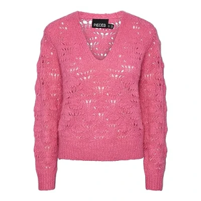 Abbildung von Pieces Damen Pcnancy Ls V Neck Knit Pb Bc, Shocking Pink, XL