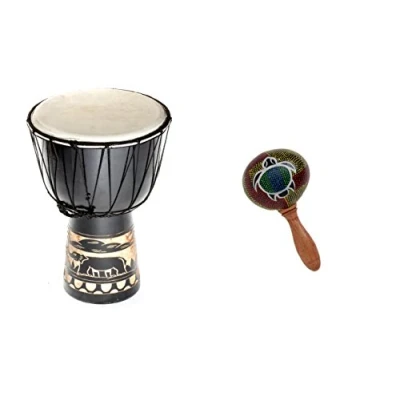 Abbildung von Große 60cm Djembe Holz Trommel Bongo Ziegenfell Elefant Schwarz + Rassel Schildkröte R1