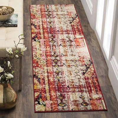 Abbildung von SAFAVIEH Boho Teppich für Wohnzimmer, Esszimmer, Schlafzimmer Monaco Collection, Kurzer Flor, Magenta und Multi, 80 x 180 cm